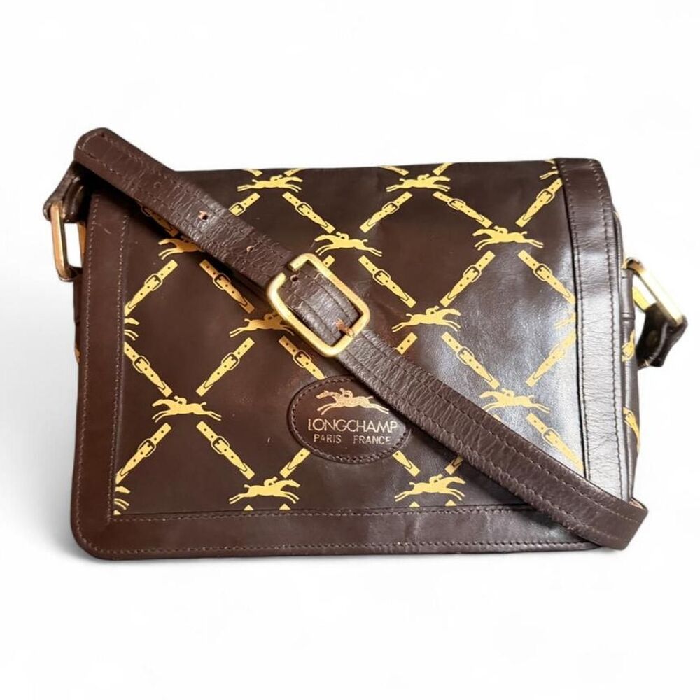 Vintage Longchamp Paris Equestrian Horse Chain Print Leather Crossbody Bag
